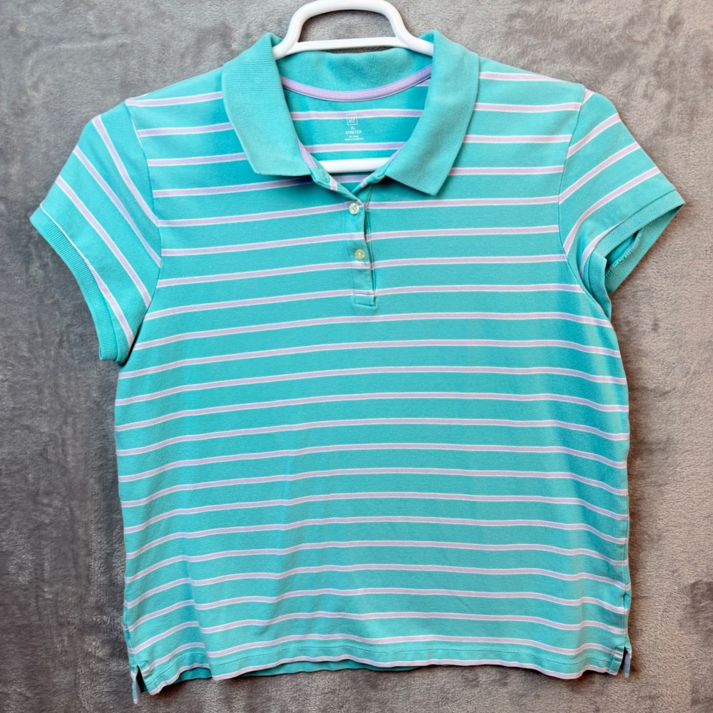 GAP Polo Shirt Women XL Teal Purple Stripe Stretch Pique Short Sleeve Preppy Y2K